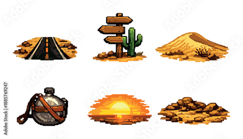 Pixel art desert scenes with road, cactus, dunes, canteen, sunset, rocks