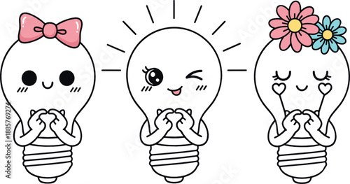 Cute kawaii light bulb character illustration set with bows, flowers, smiling faces, and creative idea mascots in playful flat vector style