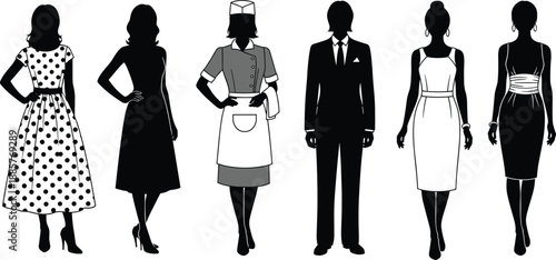 Vintage fashion silhouettes collection, women and men clothing styles, classic dress maid suit outfits, black white people figures set