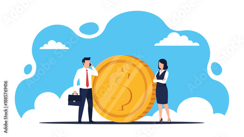 Business man and woman standing next to a giant golden dollar coin against a bright blue sky background with soft white fluffy clouds.