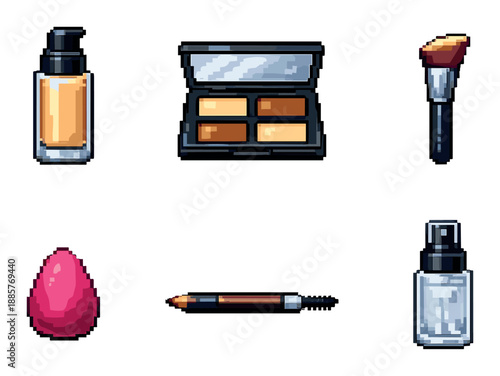 Pixel art makeup collection: foundation, eyeshadow, brush, blender, eyebrow pencil, setting spray
