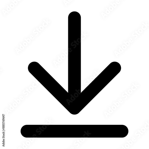 Bold download arrow icon, minimal file saving symbol for interface buttons and navigation
