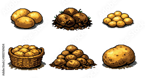 Variety of digitally rendered potatoes in different arrangements