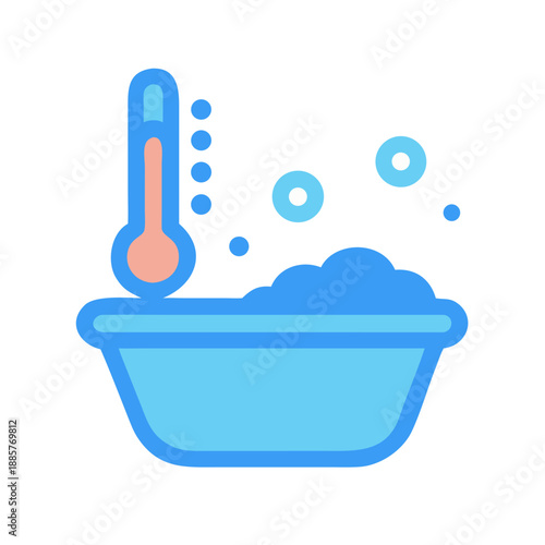 Baby bath with thermometer and bubbles flat vector icon illustration
