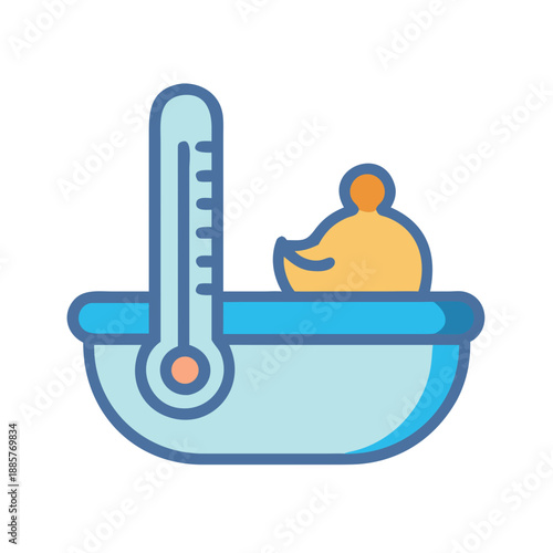 Infant bathing tub with thermometer and rubber ducky, baby care illustration