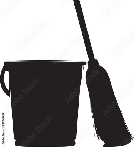 A black bucket and mop silhouetted against a plain background, viewed from the side, in a simple graphic illustration style