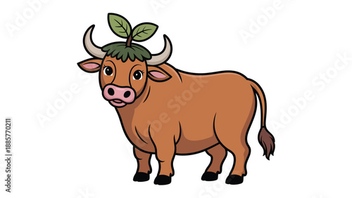 Green Bull's Whimsy: a cartoon image of a brown bull adorned with leaves, showcasing a creative blend of nature and animal imagery, filled with playful charm