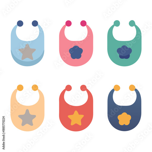 Colorful baby bib collection with star and flower designs, arranged on black backdrop