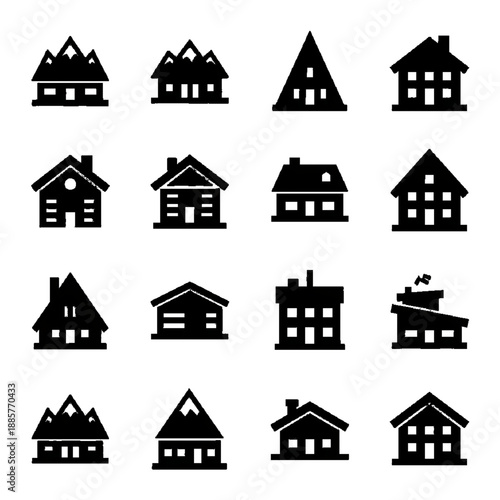 Mountain lodge and ski resort chalet vector icon pack, winter vacation house silhouette collection