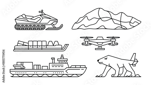 Arctic Transportation & Fauna: An illustrated collection showcases various transportation modes and wildlife emblematic of the arctic region.