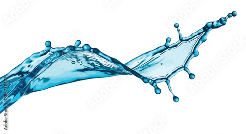 Dynamic Blue Water Splash Twisting Motion with Droplets Isolated on White