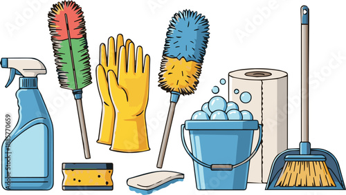 Cleaning supplies and tools arranged neatly on a surface for household chores and maintenance tasks