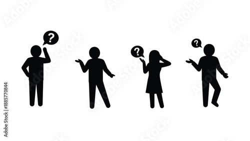 Questioning figures with thought bubbles presented in a striking silhouette