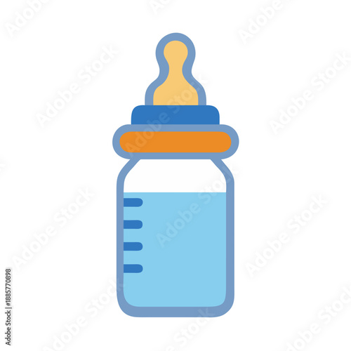 Stylized baby bottle illustration with light blue liquid isolated on black