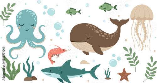 Cute ocean animals vector illustration set with whale, octopus, shark, jellyfish and fish, adorable underwater cartoon sea creatures for kids designs isolated