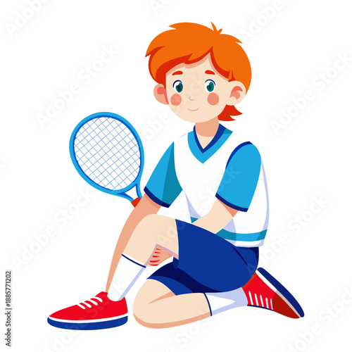 Redheaded teenager in white blue sports clothes sitting with tennis racket , white background 