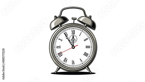 Classic metallic twin bell alarm clock with Roman numerals and a red second hand, showing the time near midnight on white background.