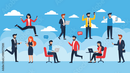 Diverse professionals performing various work tasks like typing on laptops and using phones while standing on white clouds in a blue sky.