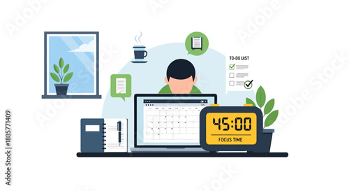 Professional individual working diligently at a desk with a computer calendar and clock illustrating productivity and time management concepts for
