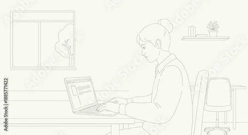 Young woman focused on laptop screen working at a desk with window view and potted plant indoors minimalist line art style