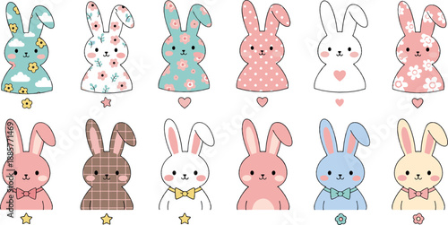 Cute pastel bunny characters set in kawaii style, adorable Easter rabbits for kids, nursery designs, stickers, and spring-themed vector illustrations
