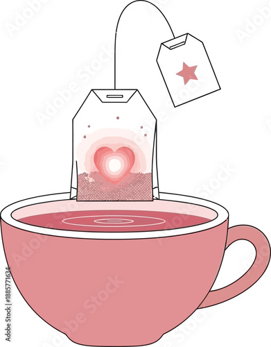 Pink teacup with heart shaped tea bag design symbolizing love and relaxation for valentines day or romantic breakfast