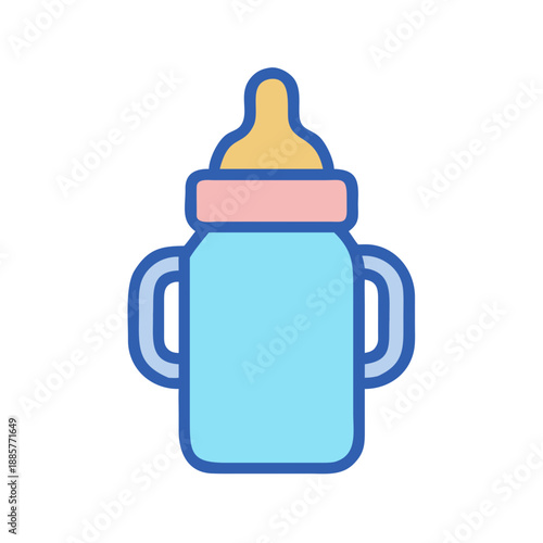 Baby bottle illustration with handles isolated on black background, simple vector icon