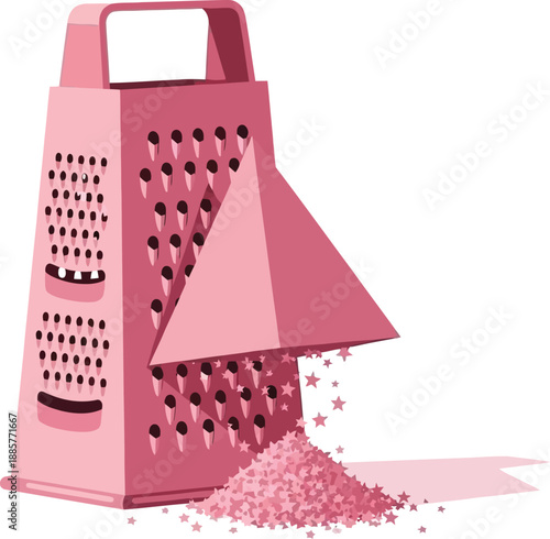 Pink grater with shredded star shapes falling out, creative food preparation concept, fun party element