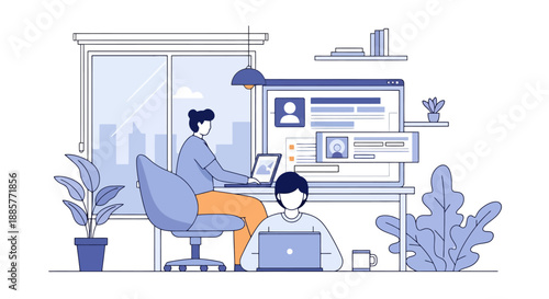 People working on laptops at a home office desk with a city view through the window demonstrating remote work concepts