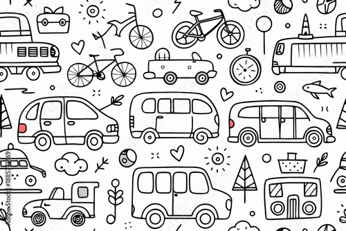 Fun and playful doodle illustrations of various vehicles and transportation