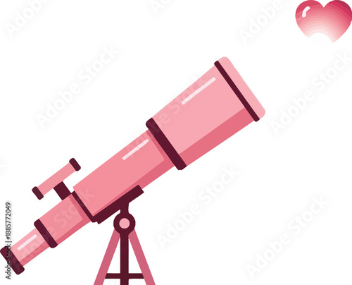 Pink telescope on tripod looking up at heart shaped planet in sky representing search for love and romantic discovery
