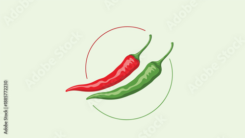 Pair of hot red and green chili peppers overlapping each other, enclosed within a simple circular line design on a neutral background.