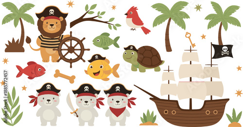 Cute pirate animal illustration set with ship, palm trees, treasure adventure characters, playful sea creatures, and kids nursery themed flat vector design
