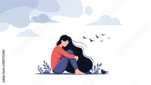 Sad young woman with long dark hair sitting alone and hugging her knees, looking lonely with birds flying in the background at dusk.