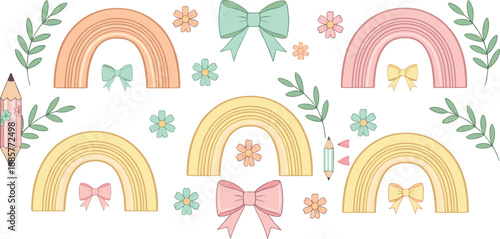 Cute pastel rainbow illustration set with bows, flowers, leaves, and pencils, playful nursery decorations, girly design elements, and soft flat vector style