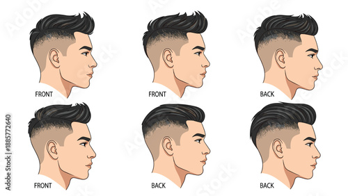 Multiple profile views showing a modern fade haircut for men from different angles, labeled clearly for front and back perspectives.
