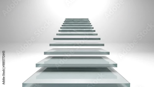 Abstract design of transparent glass steps illuminated by soft light on a gradient background expressing modern minimalism