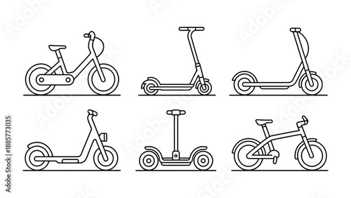 Electric scooter and bicycle Outline collection: A minimalist illustration showcases a variety of electric scooters and bicycles, with clean lines that capture the essence of modern urban mobility.