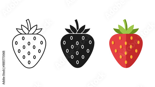 Three colorful strawberry icons in line art silhouette and realistic styles