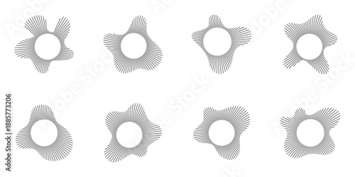 Music equalizer and sound wave. Circular sound waves, depicting audio music, icons and logos for equalizers, radial spectrum designs, ring patterns. Vector illustrations isolated on white background.
