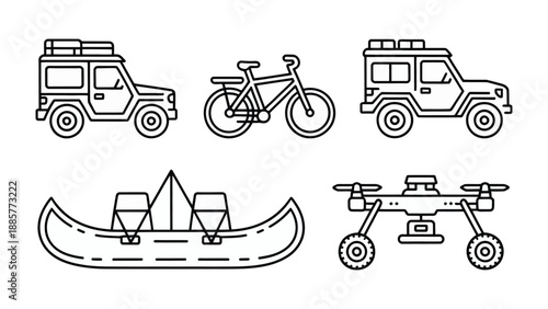 Diverse Transport Icons: A collection of various transport icons including a car, bicycle, kayak and drone, all rendered in a clean, minimalist style. 