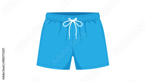 Isolated flat design vector illustration of blue men's swimming shorts with a white drawstring, perfect for summer beachwear graphics.