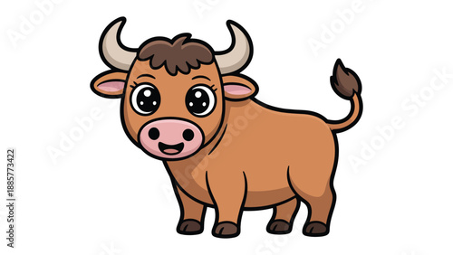 Cheerful Cartoon Bull Illustration: A charming cartoon bull with a friendly smile, cute eyes, and expressive details stands ready to captivate, designed to evoke a sense of joy and playfulness.