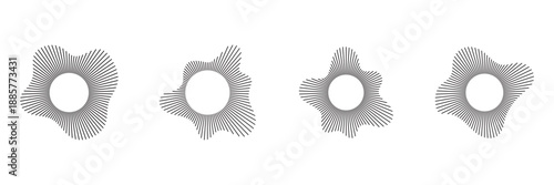 Circular sound waves. Abstract circular lines pattern. Music audio bursts. Ring of thin rays with wavy silhouette. Radial spectrum design. Geometric waveform vector illustration isolated on white.