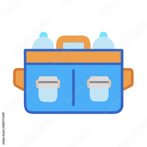 Blue cooler bag illustration with water bottles, orange trim and black background