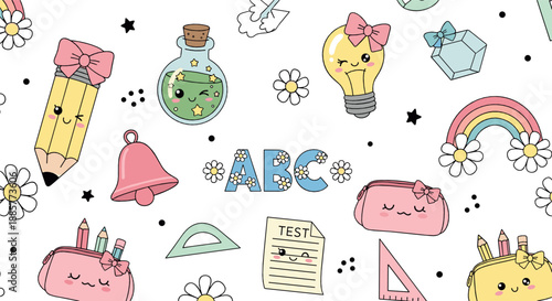 Cute school doodle illustration set with kawaii stationery, ABC letters, rainbow, light bulb, test paper, and playful education elements in pastel flat vector style