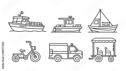 Vector of Various Transport: A comprehensive collection of simplified line art of diverse transport vehicles, perfect for visual projects.