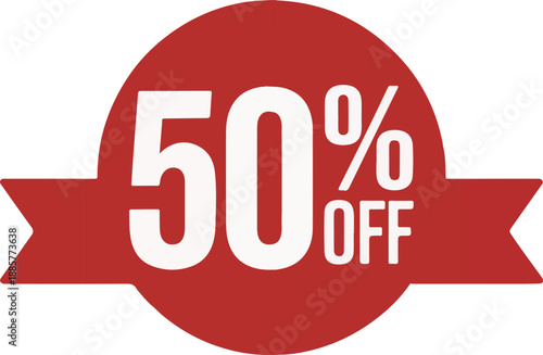 50 Percent Off Sale Badge with Red Ribbon and Circle Design for Discount Promotion and Marketing Campaign Vector Illustration