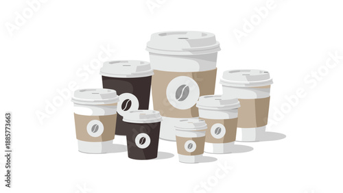 Assortment of disposable coffee cups in various sizes and colors, featuring coffee bean logos, for beverages on the go.