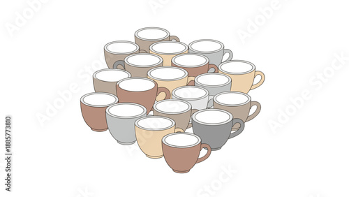 Large cluster of empty ceramic coffee mugs and tea cups in various pastel and earthy colors, arranged closely together.